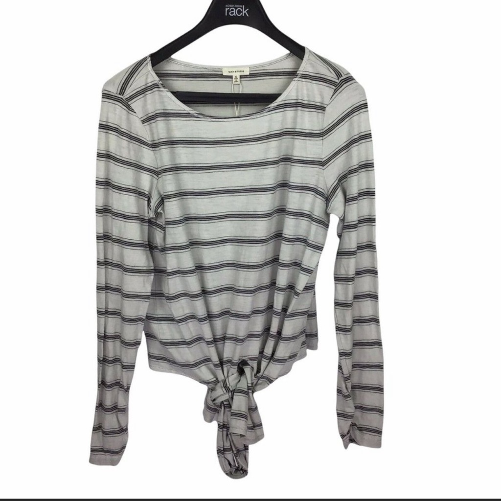 Max Studio Striped Tie Front Waist Top Size Gray & Black Long Sleeve Cotton M